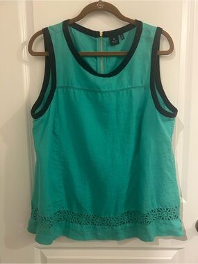 Kaari Blue Teal Sleeveless linen Tank with navy Trim